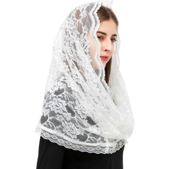 PAMOR Infinity Chapel Veil Floral Latin Mass Head Covering Lace Scarf Mantilla - Picture 3 of 6